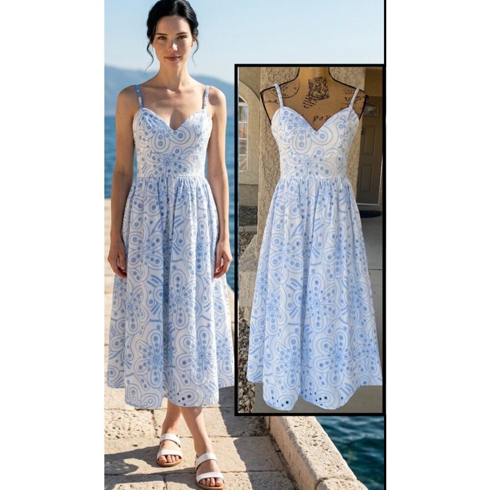 Lulus Lined White Cotton Eyelet Embroidered Midi Sunny Poise Dress Size S